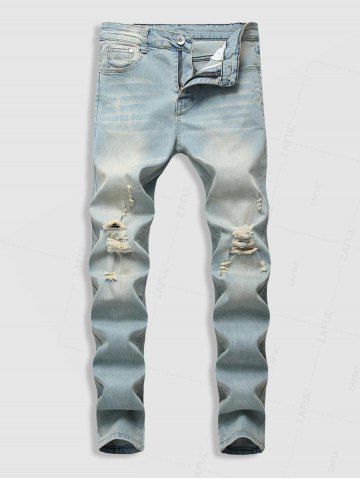 Faded Ripped Casual Pockets Jeans - LIGHT BLUE - 36