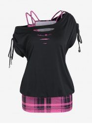 Plus Size Ripped Skew Neck Tee and Plaid Tank Top Twinset -  