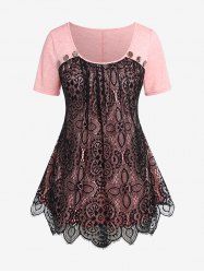 Plus Size Contrast Lace Overlay Tee -  