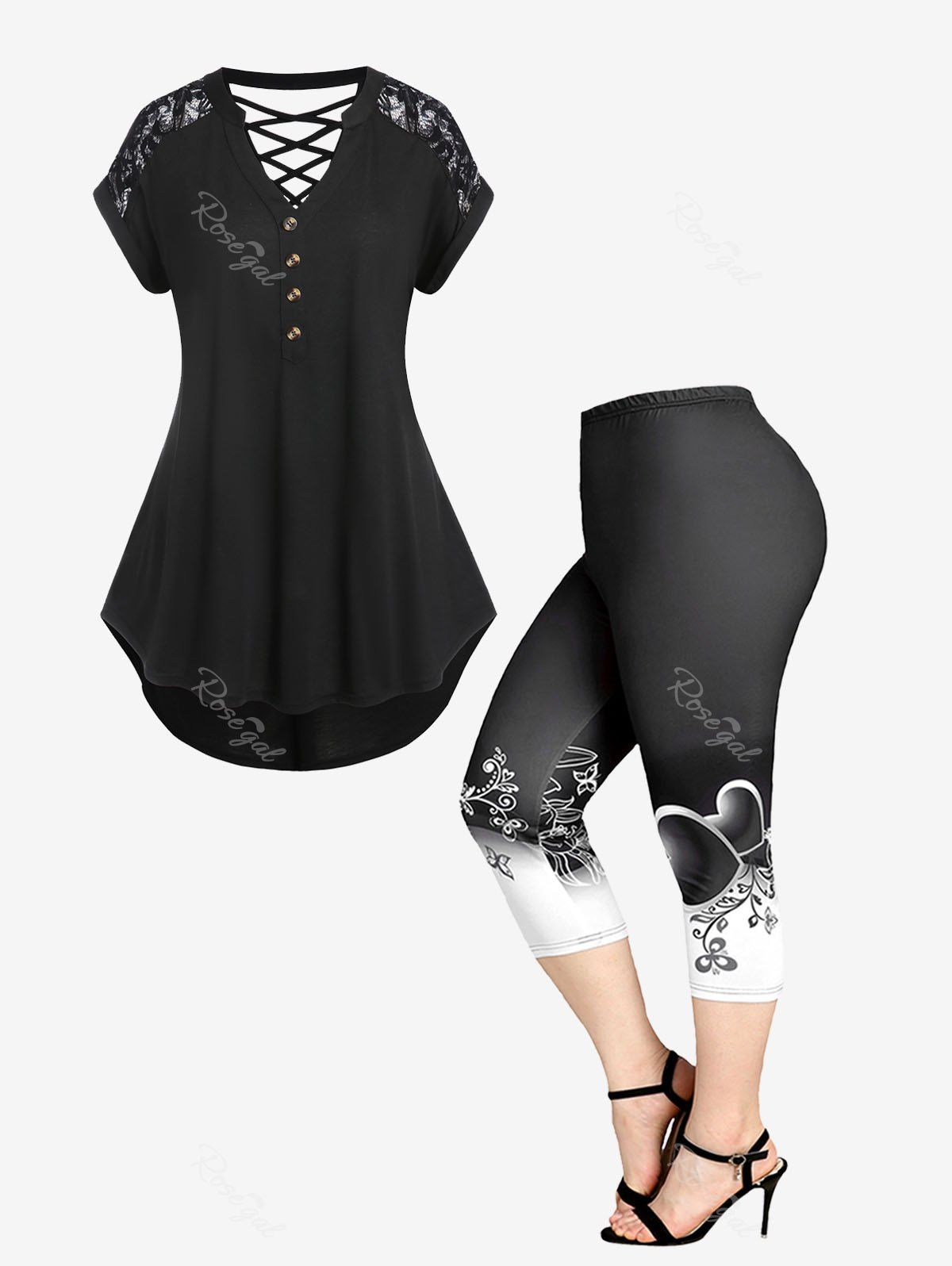 Fancy Lace Insert Crisscross High Low Top and High Waist Heart Floral Print Capri Leggings Plus Size Summer Outfit  
