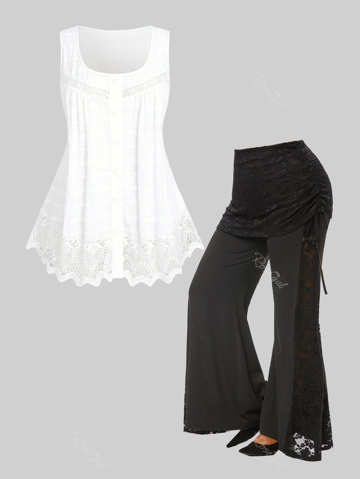 Shop Lace Panel Solid Shirt and Flare Cinched Pants Plus Size Summer Outfit  