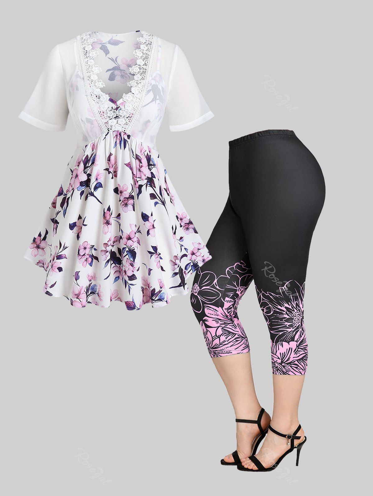 Trendy Floral Print Chiffon Panel Blouse and Skinny Capri Leggings Plus Size Summer Outfit  