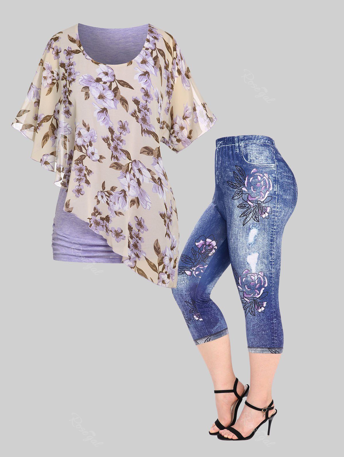 Cheap Asymmetric Colorblock Overlay Tee and Flower Pattern High Waisted Jeggings Plus Size Summer Outift  