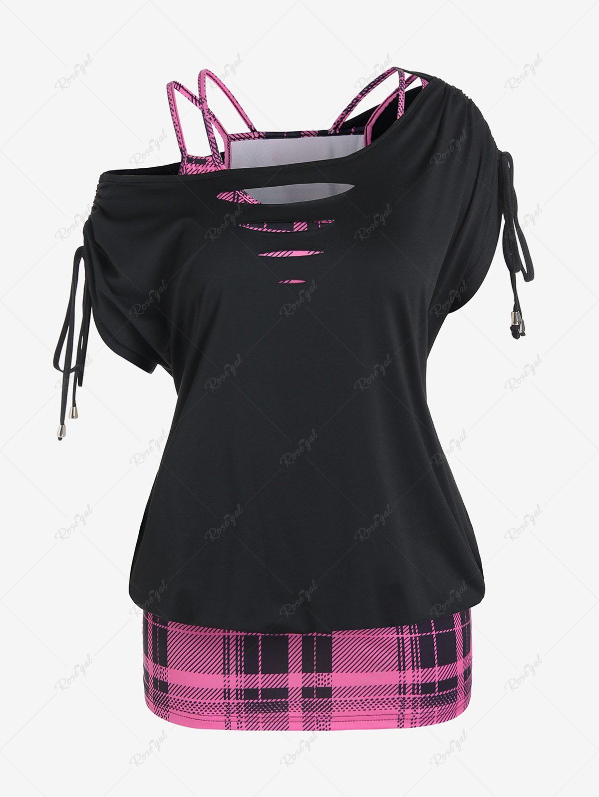 Shop Plus Size Ripped Skew Neck Tee and Plaid Tank Top Twinset  
