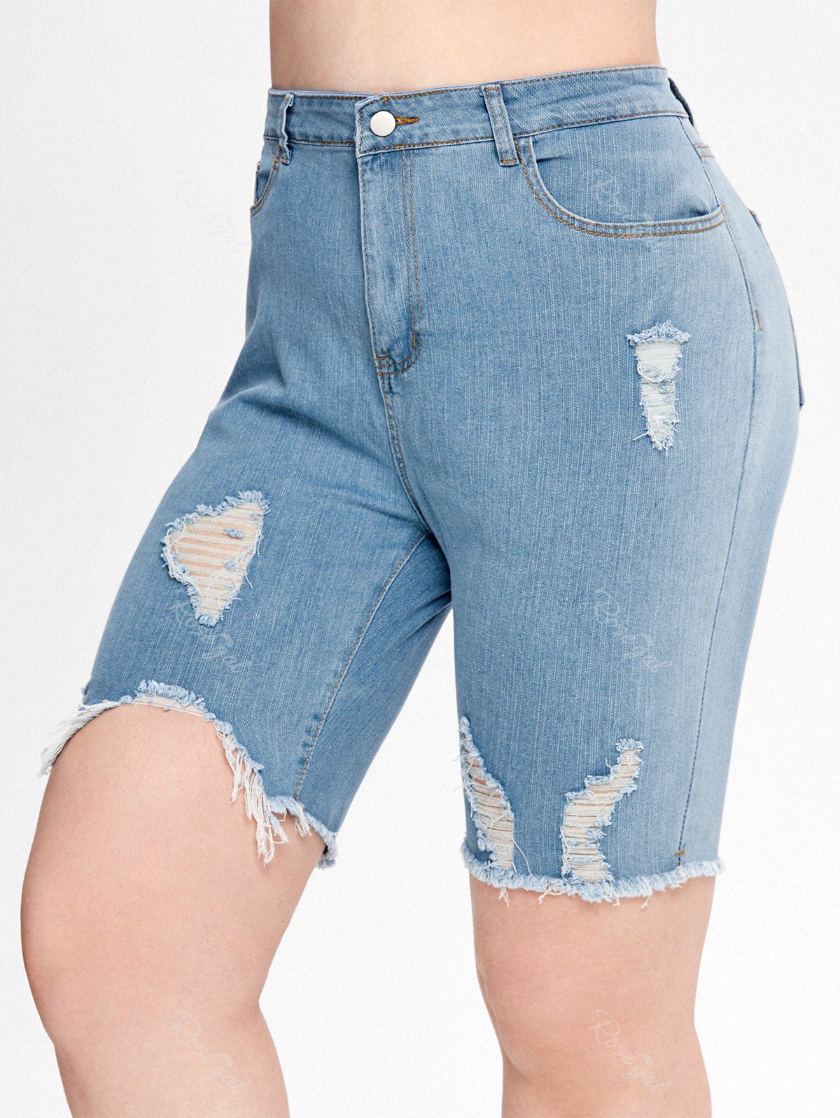 Trendy Plus Size Ripped Frayed Denim Bermuda Shorts  