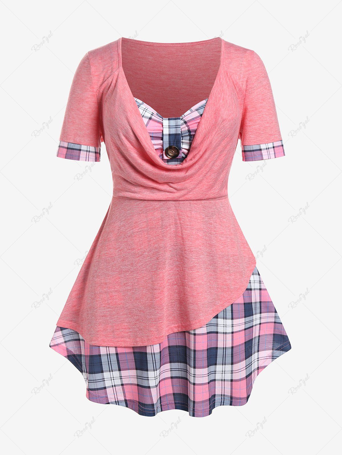 Chic Plus Size Cowl Neck Plaid 2 in 1 Tee  