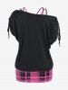 Plus Size Ripped Skew Neck Tee and Plaid Tank Top Twinset -  