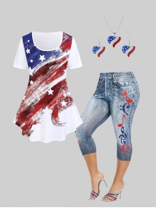 Patriotic American Flag Print Tee and  American Flag Musical Notes Print Cropped Jeggings with Accessories Plus Size Summer Outfit