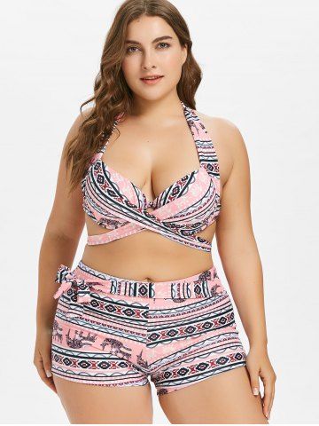 Plus Size Sexy Halter Tribal Print Crisscross Boyleg Bikini Swimsuit - LIGHT PINK - 2X
