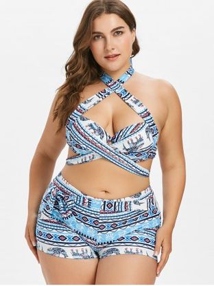Plus Size Sexy Halter Tribal Print Crisscross Boyleg Bikini Swimsuit