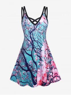 Plus Size 3D Flower Printed Crisscross Sleeveless A Line Dress - BLUE - 2X | US 18-20