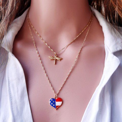 USA Independence Day Dragonfly Heart Pattern Double Layered Necklace