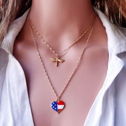 USA Independence Day Dragonfly Heart Pattern Double Layered Necklace - GOLDEN