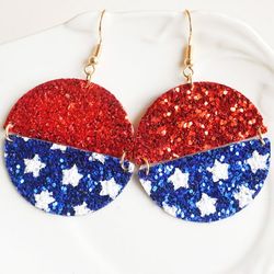 USA Independence Day Sparkle Glitter PU Leather Star Round Earrings - MULTI