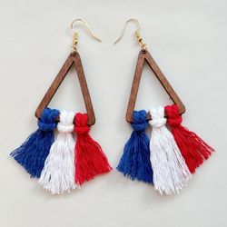 USA Independence Day Handmade Wood Triangle Tassels Bohemian Earrings - MULTI