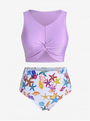 Plus Size Starfish Conch Print Twist Longline Bikini Swimsuit - LIGHT PURPLE - 2X