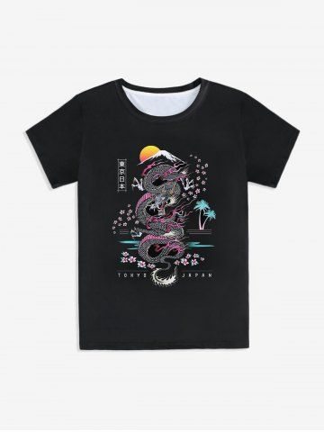 Oriental Dragon Tokyo Print Short Sleeves Unisex Tee - BLACK - XL