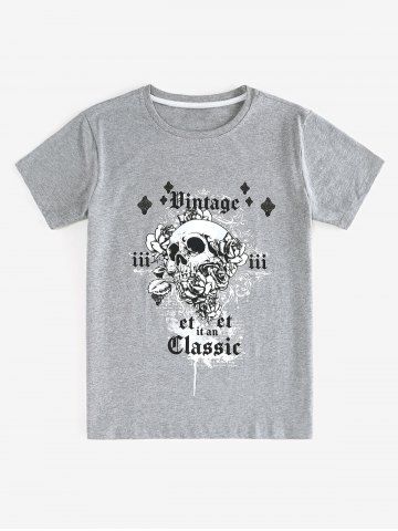 Camiseta Unisex con Estampado de Rosa y Cráneo Gótico - GRAY - M