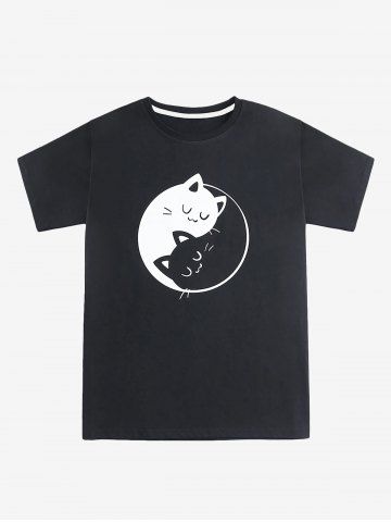 Cartoon Cat Print Short Sleeves Unisex T Shirt - BLACK - M