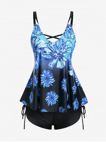 Plus Size Flower Backless Ombre Cinched Padded Boyleg Tankini Swimsuit - BLACK - L
