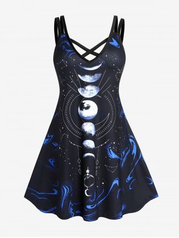 Plus Size Galaxy Print Crisscross A Line Sleeveless Casual Dress - BLACK - M | US 10