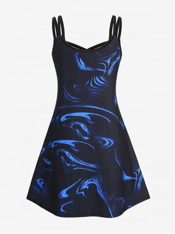 Plus Size Galaxy Print Crisscross A Line Sleeveless Casual Dress