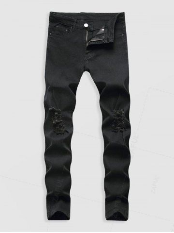 Casual Ripped Button Zipper Jeans - BLACK - 38