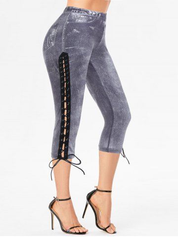 Casual Faux Denim Print Lace Up Hollow Out Capri Jeggings - BLACK - L