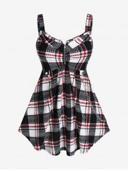 Plus Size Zippered Chains Plaid Tank Top -  