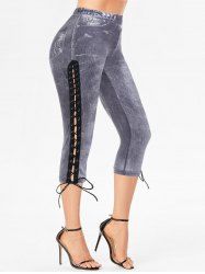 Legging Corsaire Décontracté Evidé Imprimé en Faux Denim à Lacets - Noir XXL