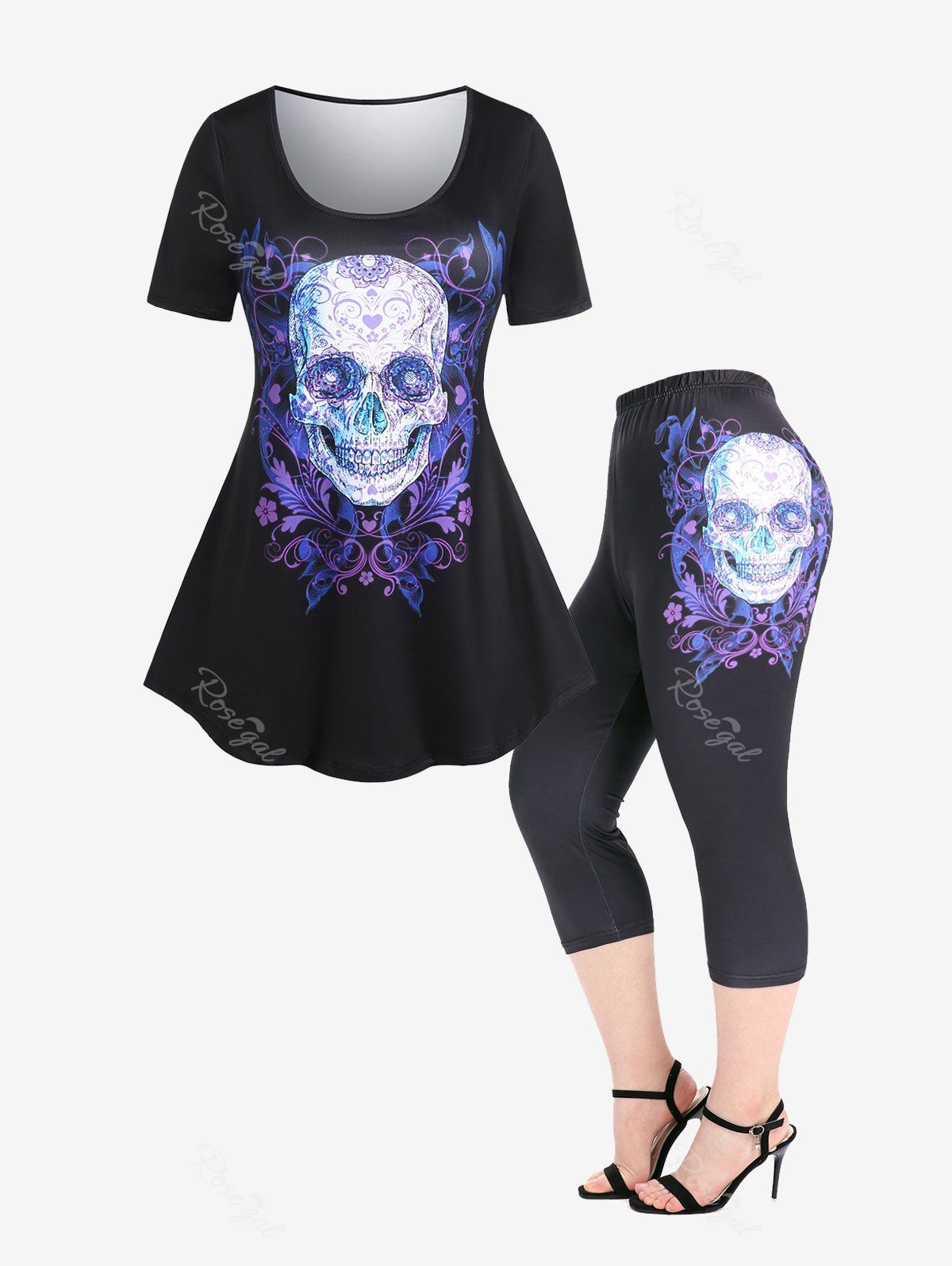 Shop Skull Printed Gothic Tee and Skull Printed Skinny Leggings Plus Size Summer Outfit  