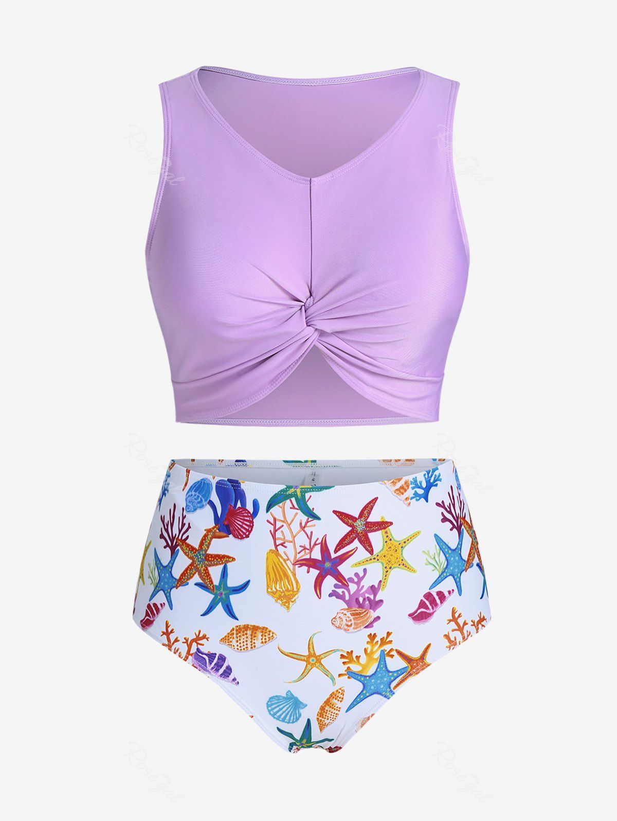 Maillot de Bain Bikini Long Tordu à Imprimé Etoile de Mer et Conque de Grande Taille Violet clair 4X