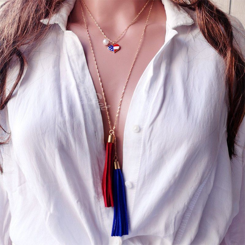 New USA Independence Day Tassel Double Layered Pendant Necklace  