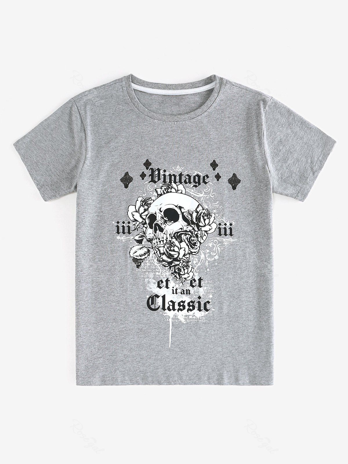 T-shirt Graphique Unisexe à Imprimé Rose Crâne de Grande Taille Gris L
