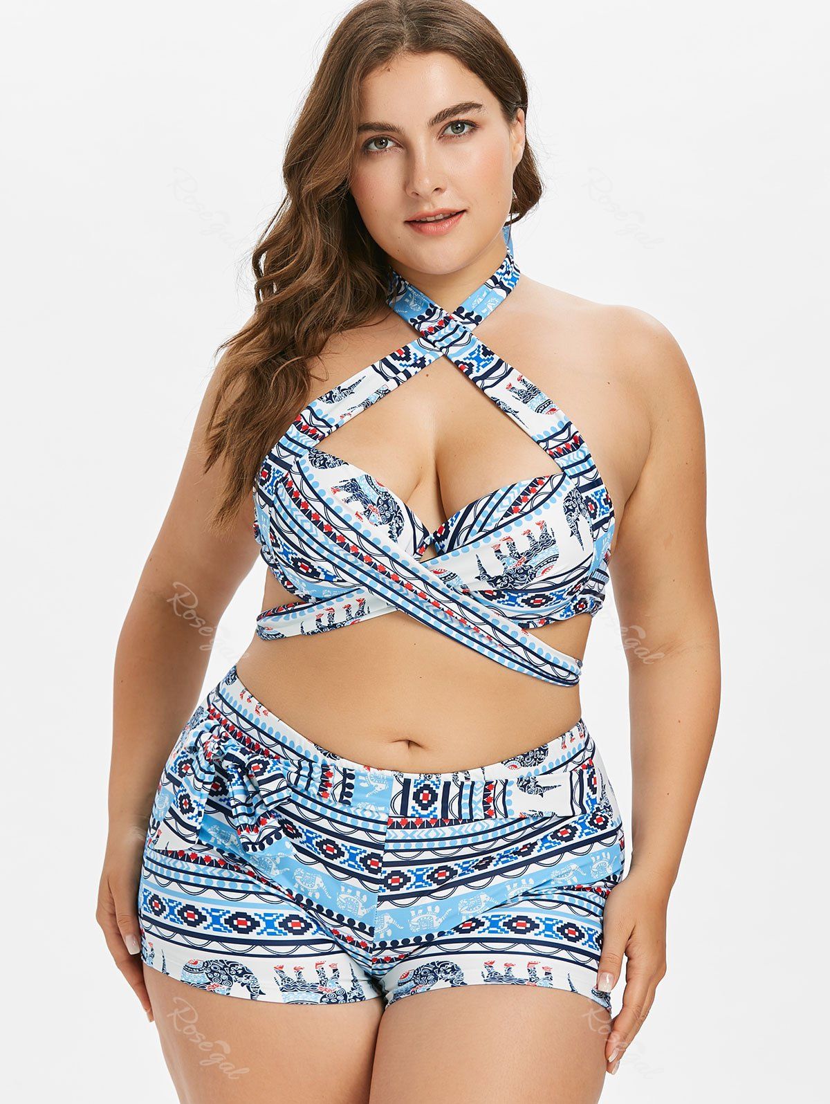 Discount Plus Size Sexy Halter Tribal Print Crisscross Boyleg Bikini Swimsuit  