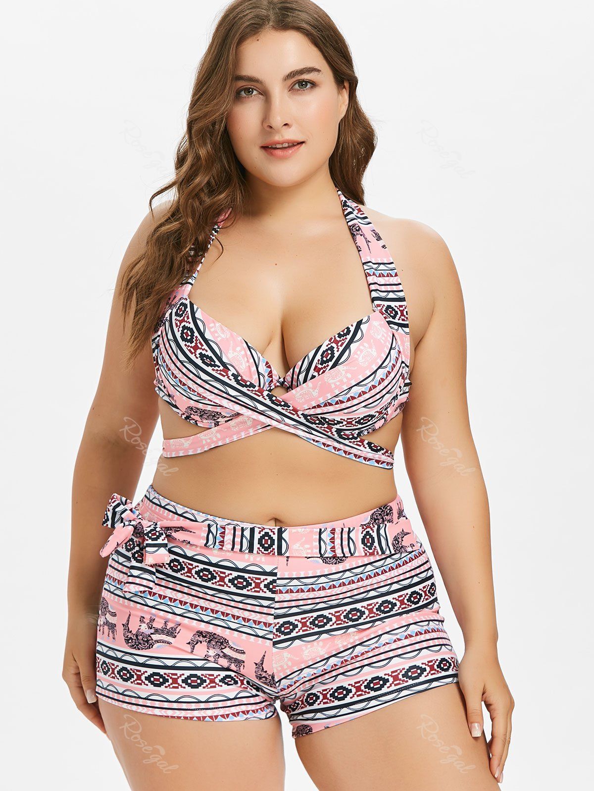 Shops Plus Size Sexy Halter Tribal Print Crisscross Boyleg Bikini Swimsuit  