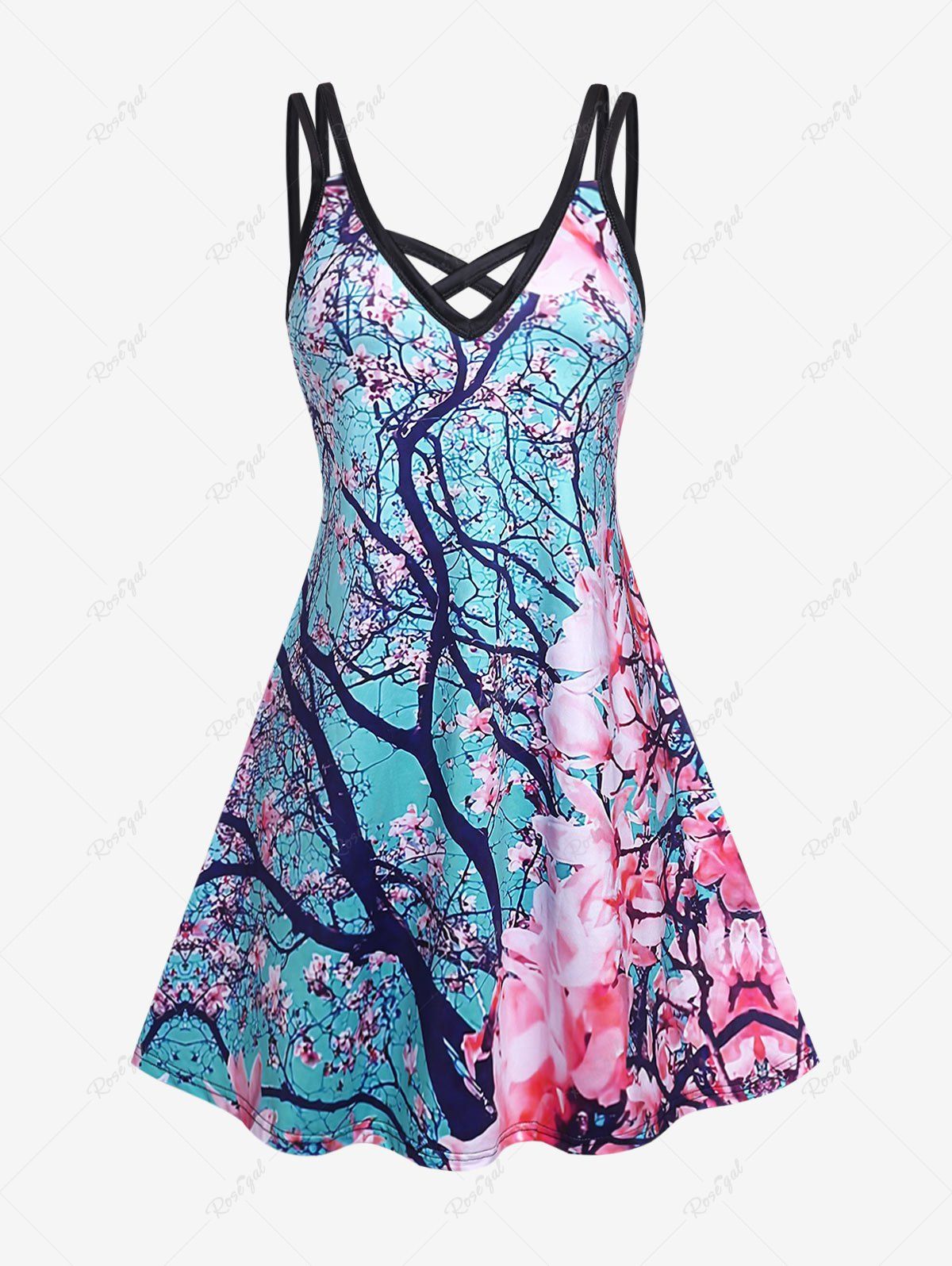 Store Plus Size 3D Flower Printed Crisscross Sleeveless A Line Dress  