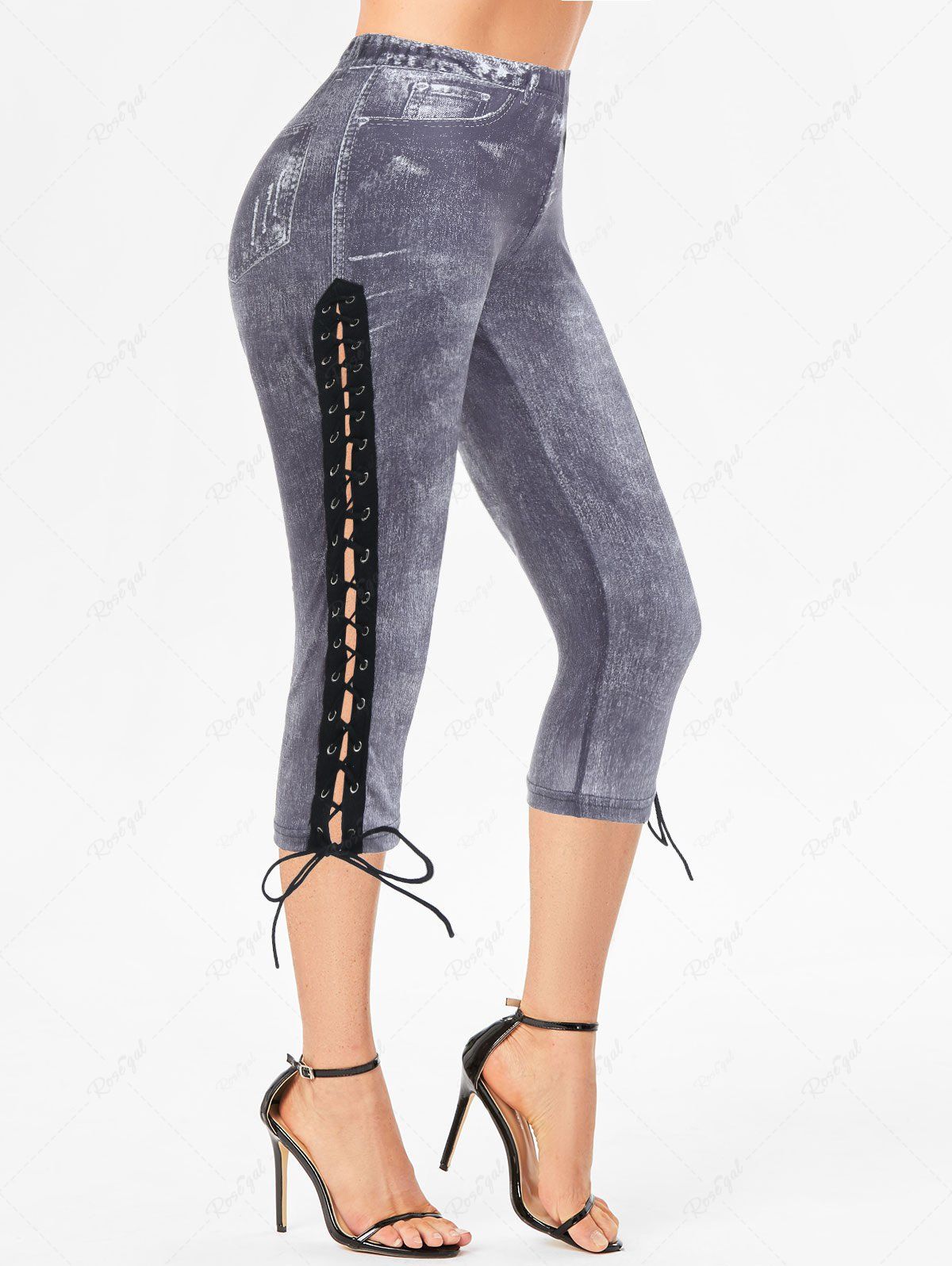 Legging Corsaire Décontracté Evidé Imprimé en Faux Denim à Lacets Noir L