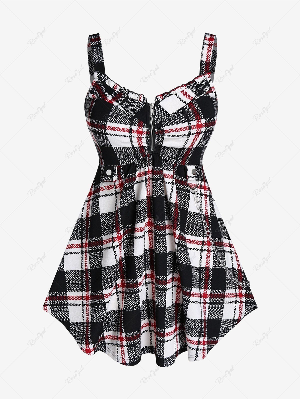 Chic Plus Size Zippered Chains Plaid Tank Top  