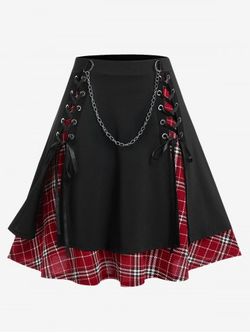 Plus Size Gothic Chains Lace Up Layered Plaid Skirt - BLACK - 5X