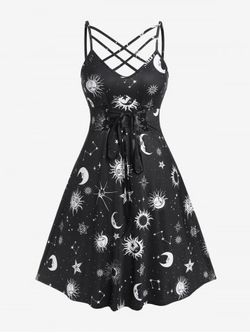 Plus Size Strappy Backless Lace Up Sun Moon Vintage Sleeveless Dress - BLACK - L | US 12