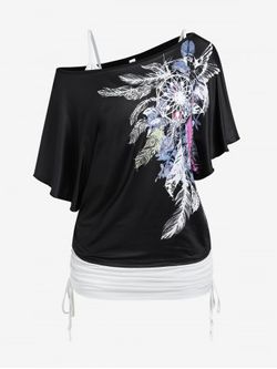 Plus Size Feather Skew Neck Tee and Ruched Cinched Tank Top Set - BLACK - 1X | US 14-16