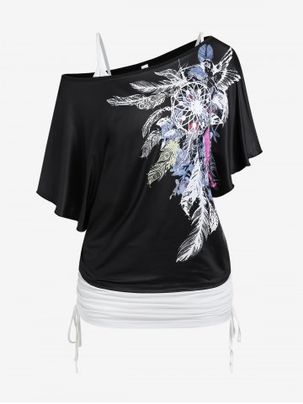 Plus Size Feather Skew Neck Tee and Ruched Cinched Tank Top Set
