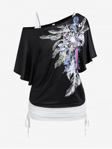 Plus Size Feather Skew Neck Tee and Ruched Cinched Tank Top Set - BLACK - 3X | US 22-24