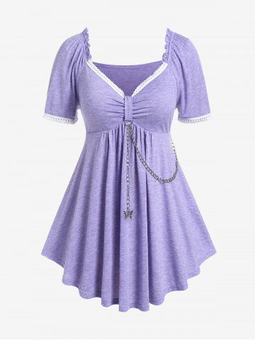 Plus Size Chains Ruffles Colorblock Tunic Top with Knot - PURPLE - 4X | US 26-28