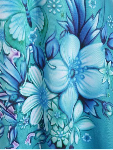 Plus Size 3D Butterfly Flower Print Crisscross A Line Sleeveless Dress