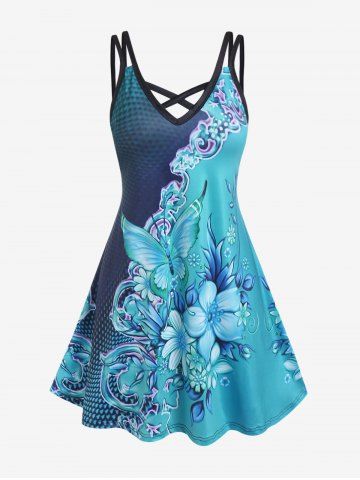Plus Size 3D Butterfly Flower Print Crisscross A Line Sleeveless Dress