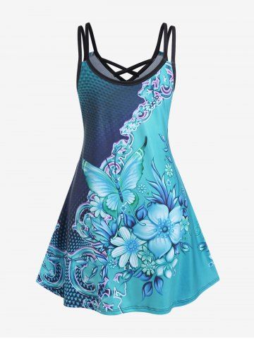 Plus Size 3D Butterfly Flower Print Crisscross A Line Sleeveless Dress