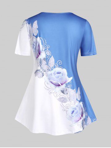 Plus Size Floral Print Colorblock Tee