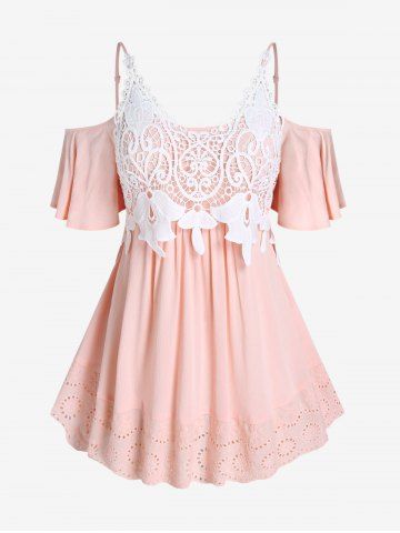 Plus Size Cold Shoulder Broderie Anglaise Lace Insert Top - LIGHT PINK - M | US 10